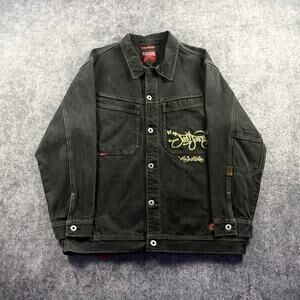 Vintage Y2K JNCO Jeans Urbanomik Denim Jacket Mens XL Black Embroidered M-8104